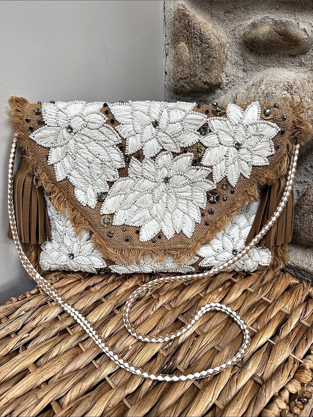 Anthropologie Boho Bican Floral Beaded Fringe Crossbody Clutch